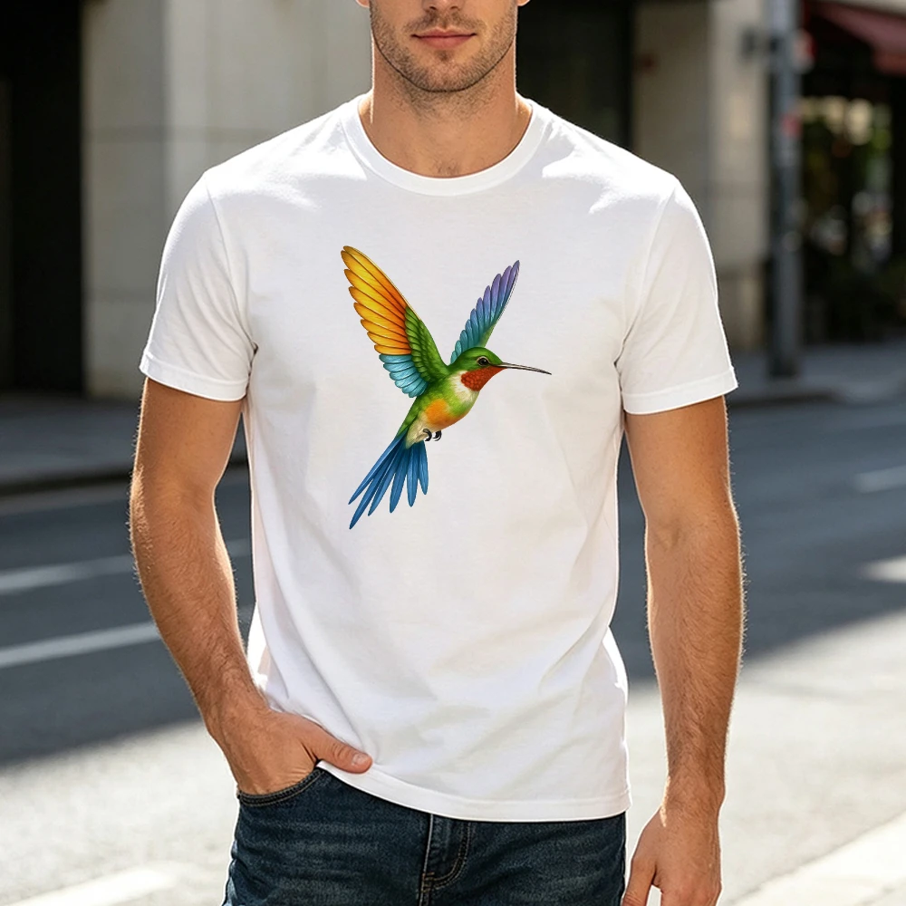 Colorful Flying Hummingbird With Spread Wings Male T Shirt Graceful Wildlife MotionTee Artistic Vibrant Bird Print Shirt