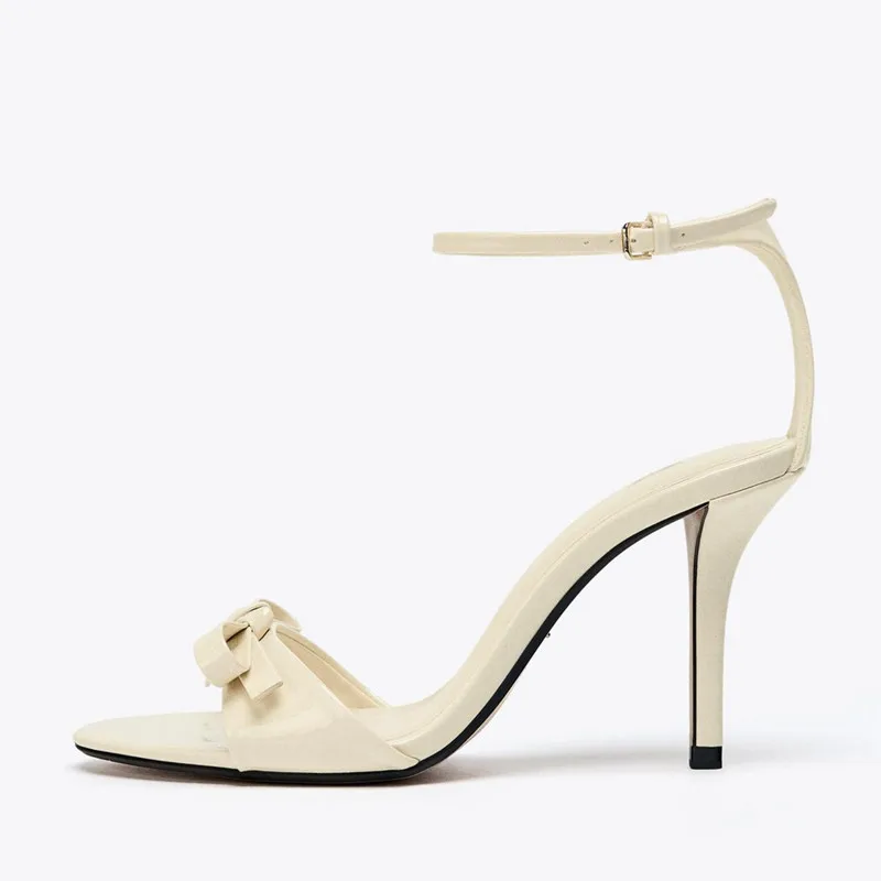 البيج القوس أحذية مصممين الكاحل حزام الكعب الصنادل النساء أنيقة براءات الاختراع والجلود رقيقة عالية الكعب أحذية الحفلات Sandalias De Mujer