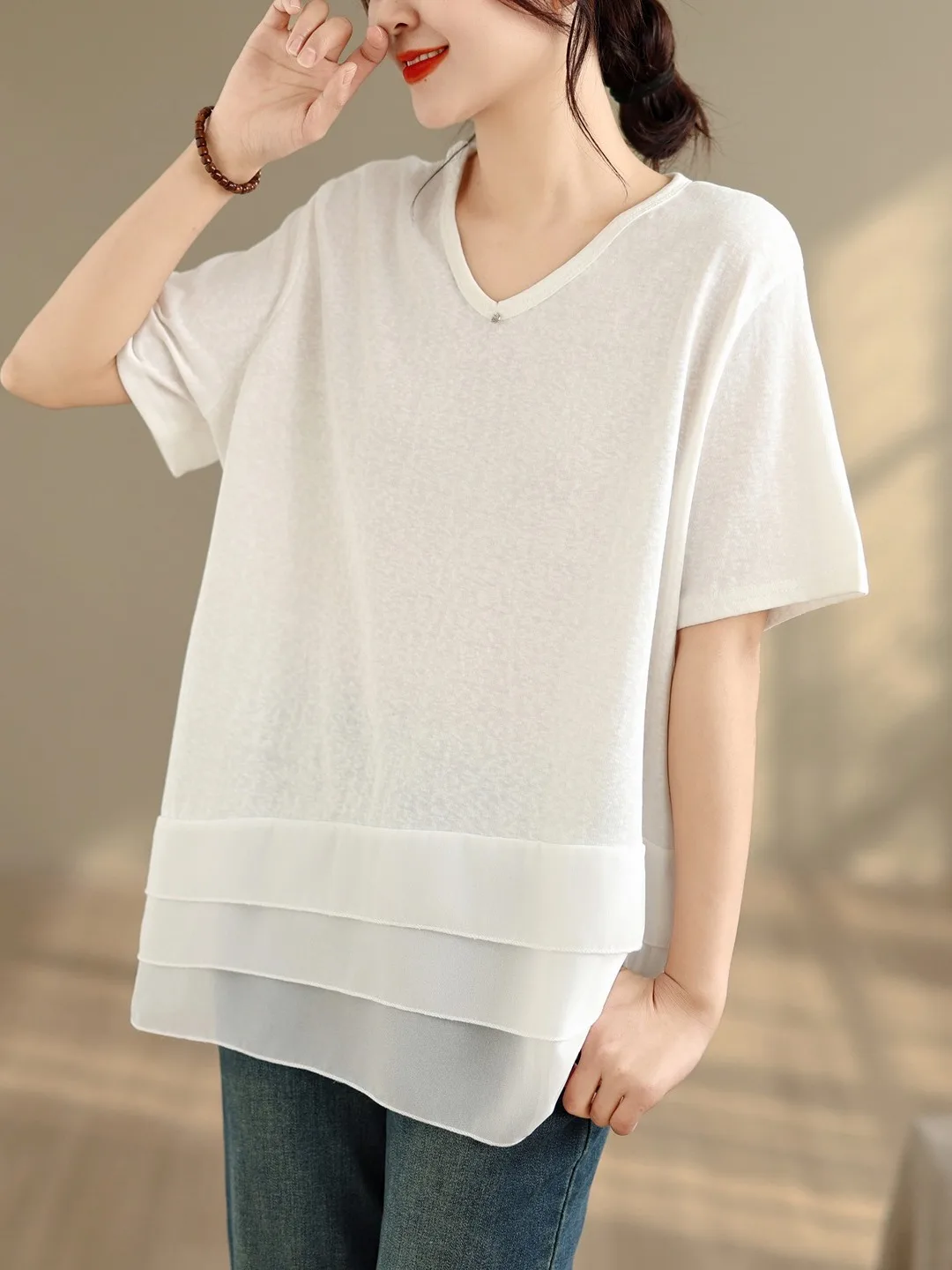 

Повседневная женская футболка оверсайз из шифона с коротким рукавом и дизайнерскими вставками, больших размеров, летняя новинка, базовая модель, стройнящая фигуру