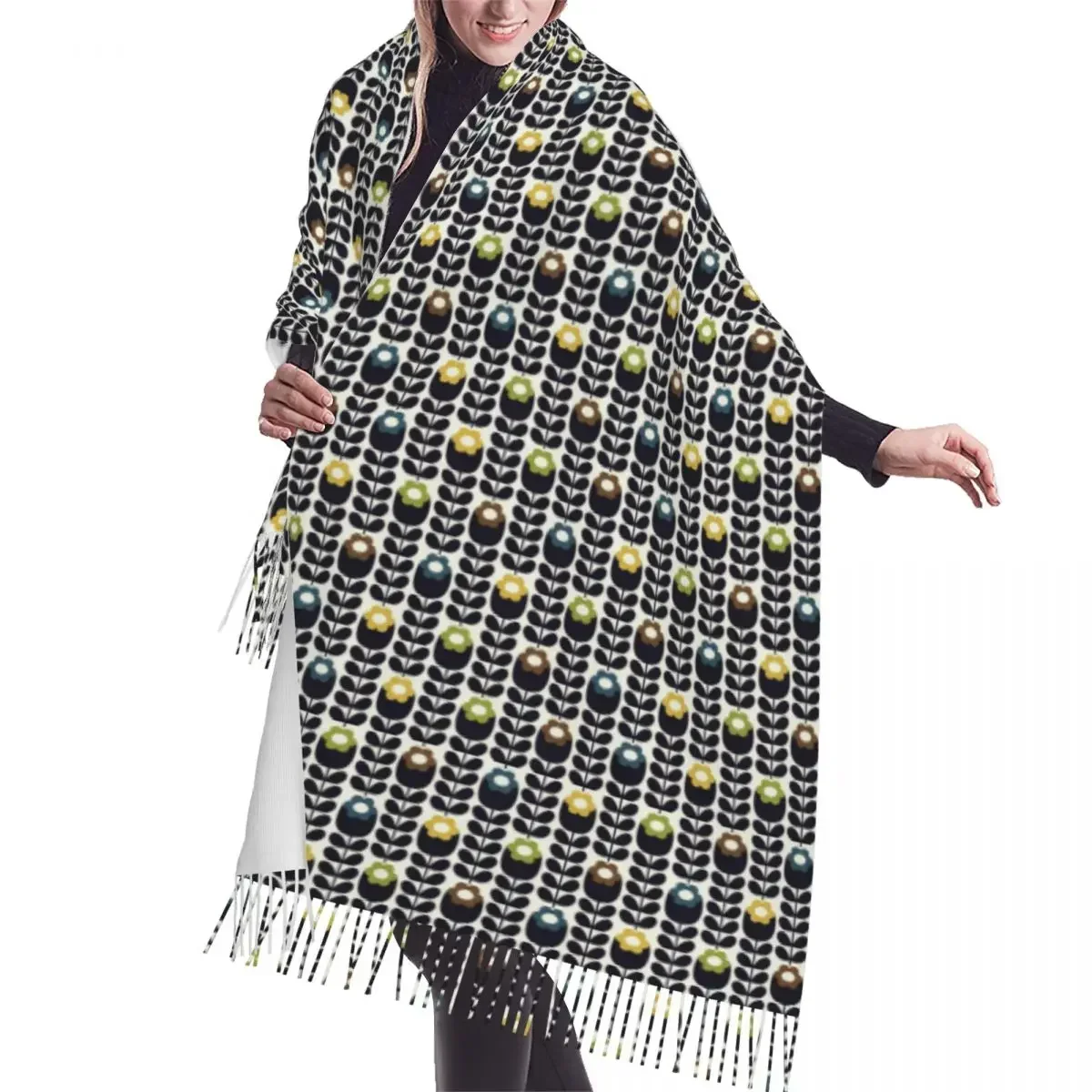 Custom Luxury Primrose Multi Orla Kiely Print Tassel Scarf Women Winter Fall Warm Shawls Wraps Lady Versatile Female Scarves