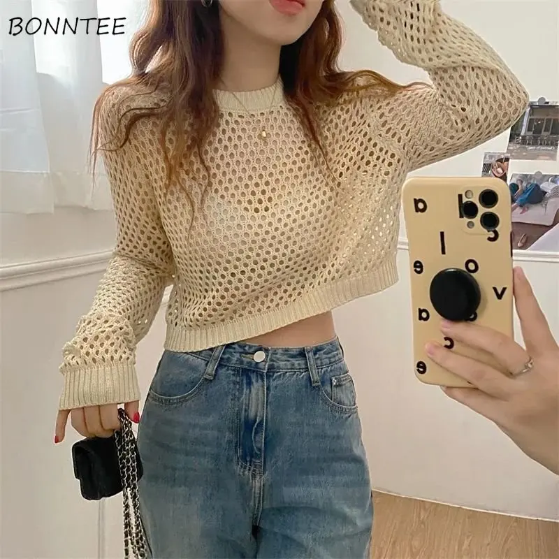 Pullovers Women Summer Breathable Fashion Thin Solid Simple Sun-proof Holiday Tender Soft Female Hollow Out Design Ulzzang Chic