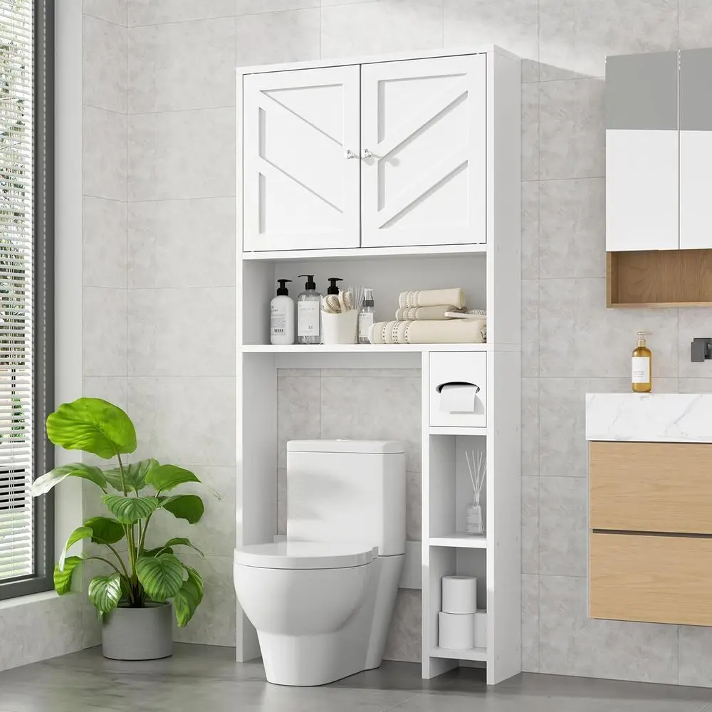 

White Over Toilet Storage Cabinet with Adjustable Shelving and Tissue Holder for Space-Saving Bathroom Organization