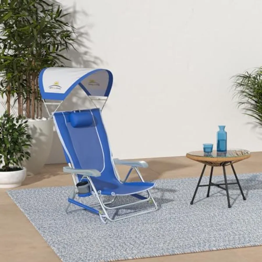 Sunshade Backpack Beach Chair Reclining Folding Canopy Chair with Durable Armrests, Drink Holder Carry Straps, Perfect for Beac