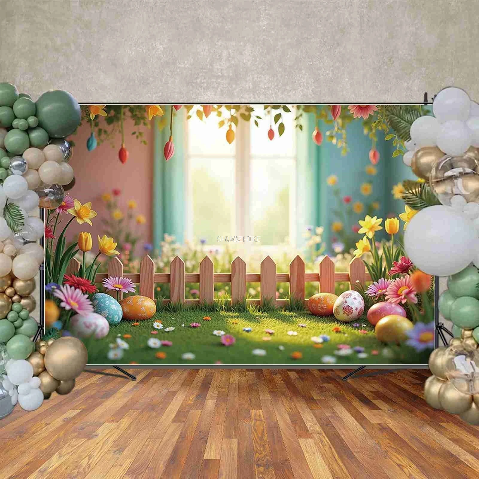 Easter Day Background Blue Living Room New Year Interior Fireplace Backdrops Party Decoration Photo Zone Props