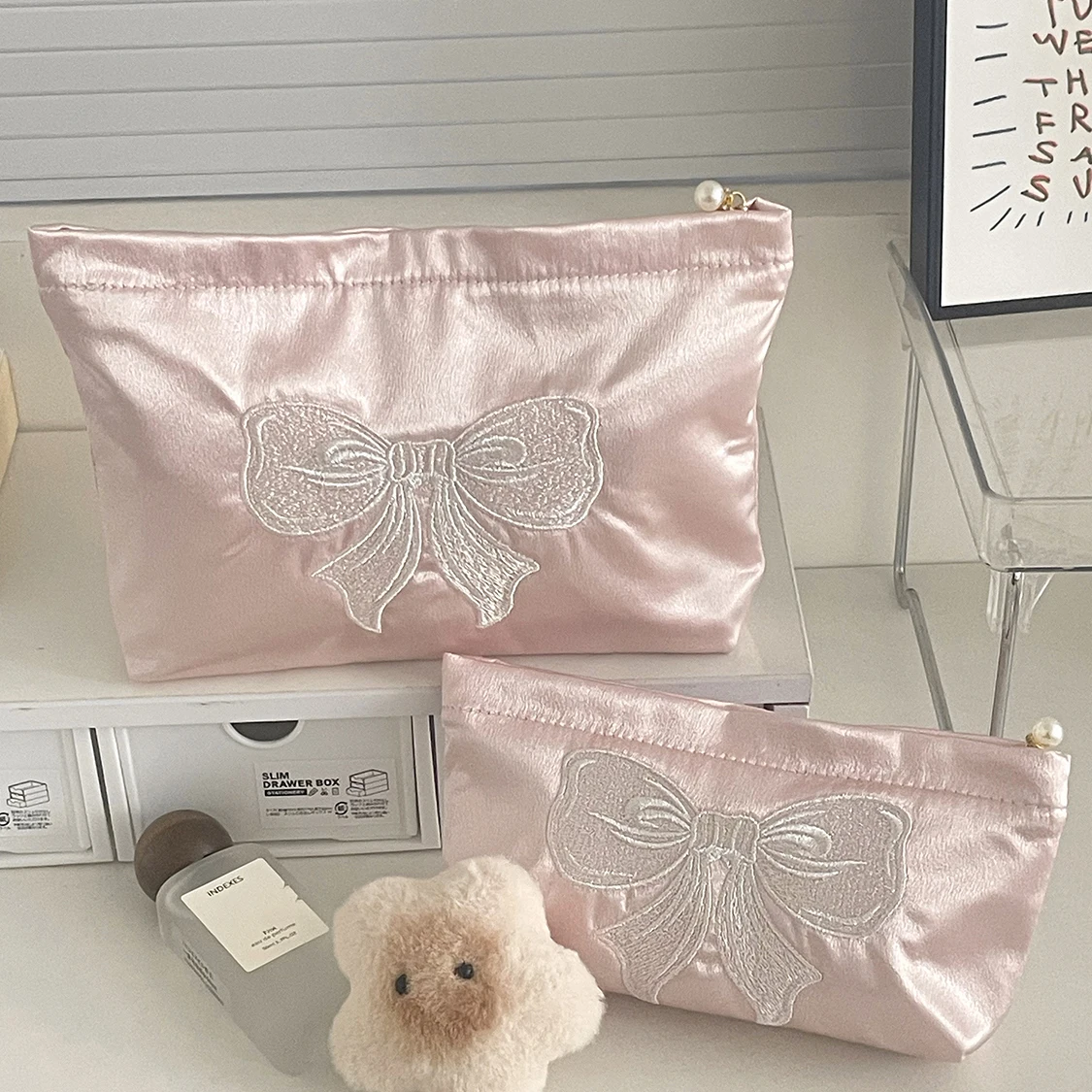 

Pink Pearl Zipper Makeup Bag sets Travel Women Lipsticks Toiletry Storage Pouch Handbag Luxury Ladies Make Up Organizer Bag