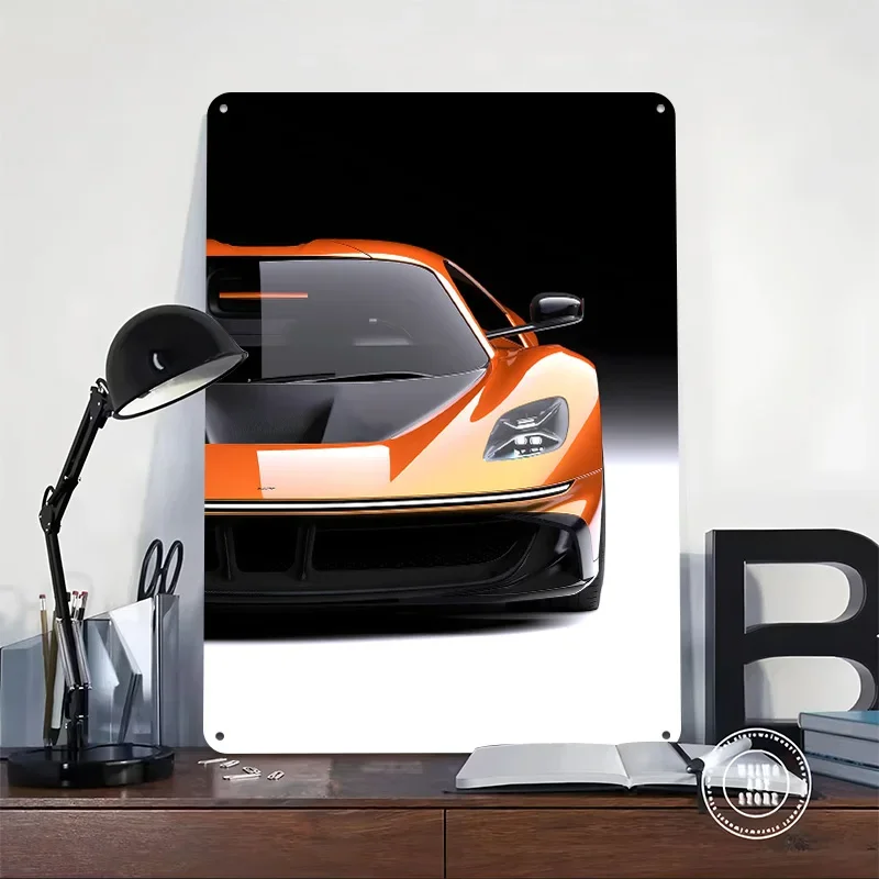 Orange and Black Sports Car Printed Poster Customized Wall Art Retro Vintage Metal Tin Signs for Garage Office Decor Man Cave