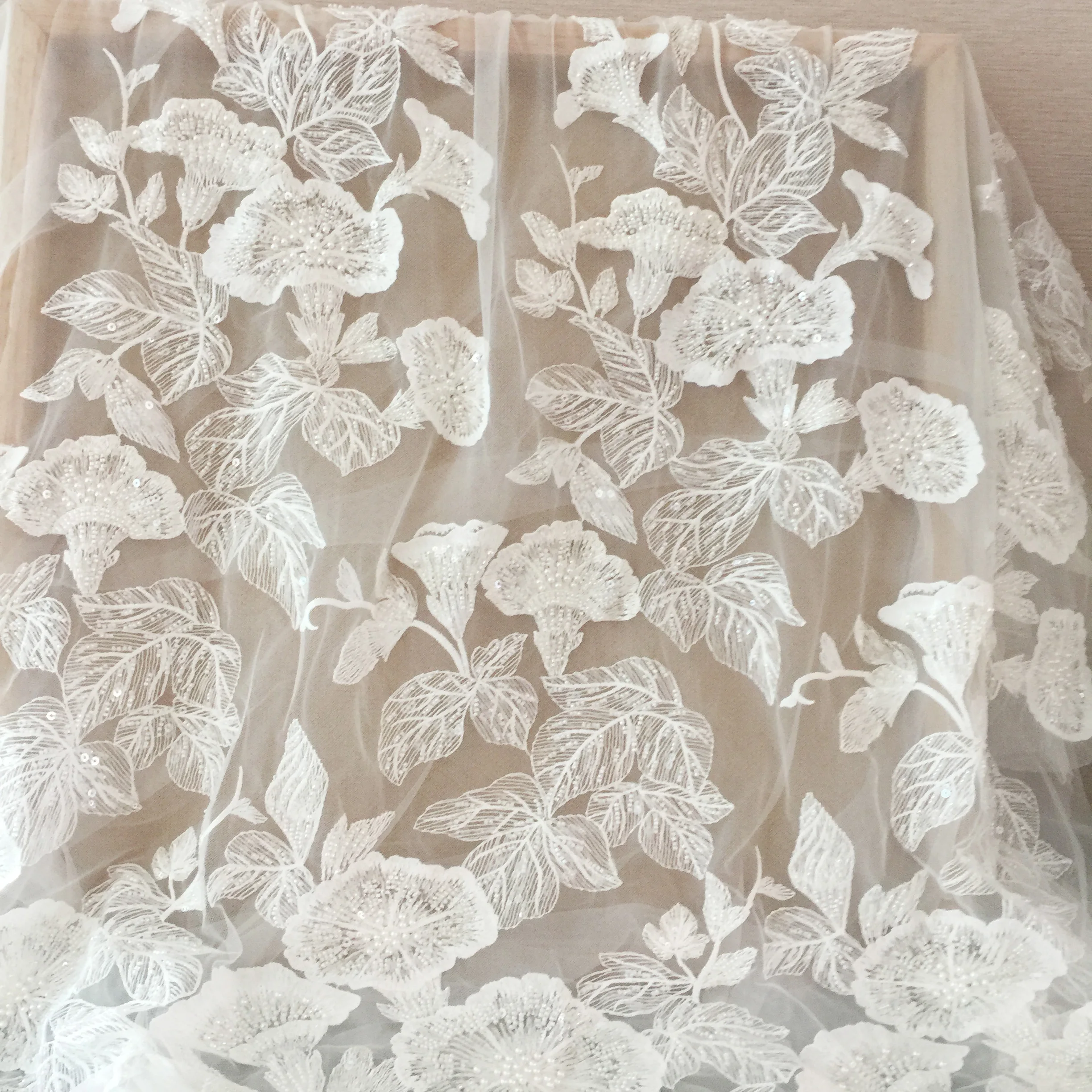 1 Yard 3D Pearl Beaded Flower Leaf Tulle Lace Fabric ,Couture Wedding Dress Bridal Lace Fabric by Yard