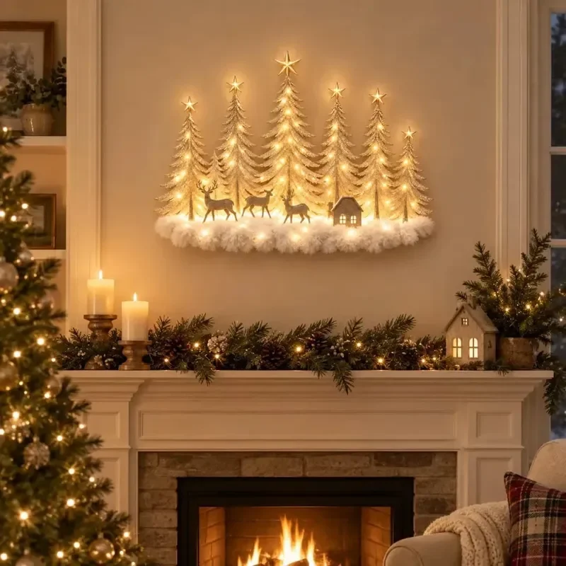 Lighted Christmas Woodland Forest Wall Decor 3D Layered Wooden Silhouette with LED Lights Holiday Home Decoration