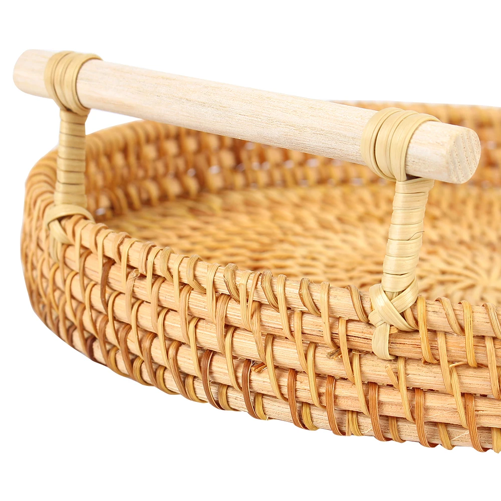 With Handle Handwoven Rattan Storage Tray Fruit Cake Wicker Basket Dinner Serving Tray Breakfast Bread Food Plate