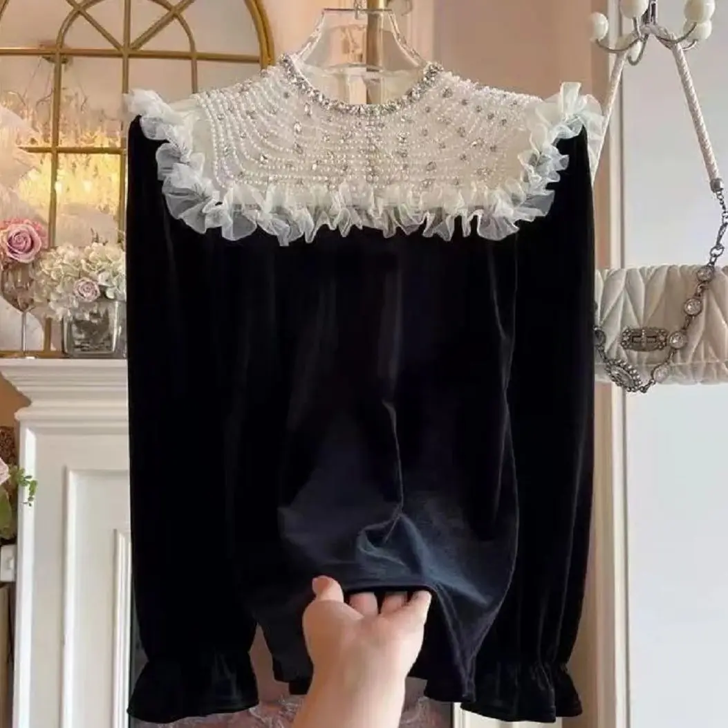 

New In Sparkle Pearls Diamonds Embroidery Black Shirts Blouses For Women's Long Sleeve Loose Casual Tops Blusas Woman Clothing
