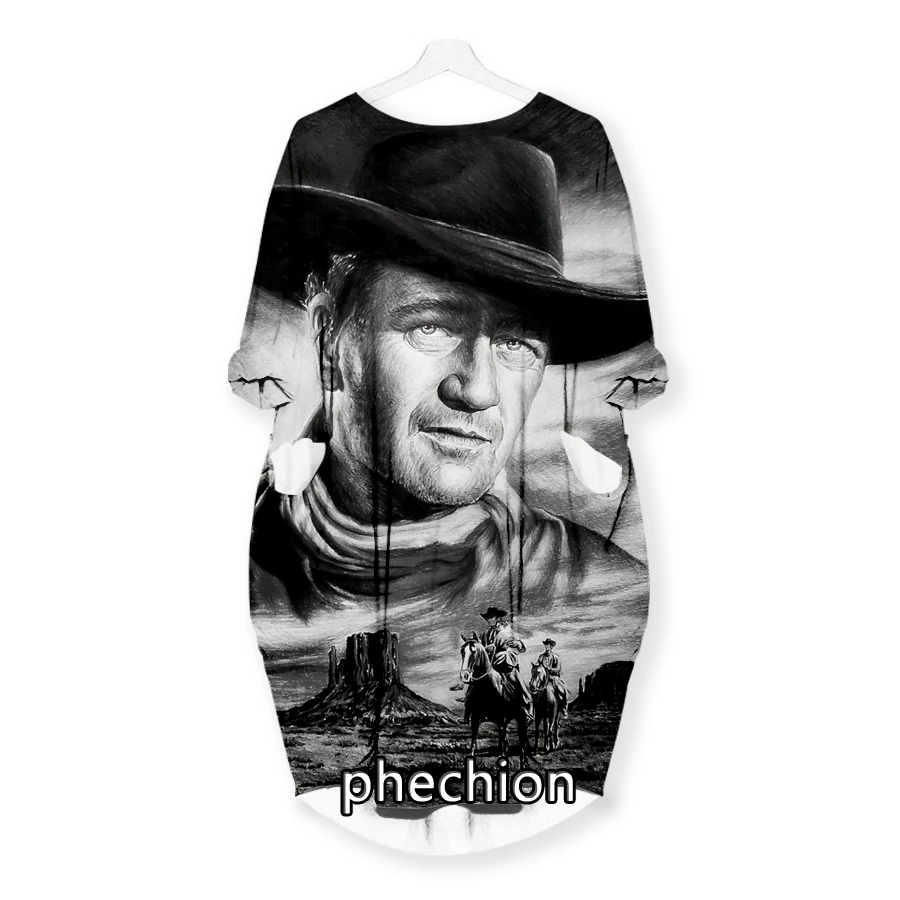 phechion New Fashion John Wayne 3D Print Dresses Casual Mid-length Dress Women Clothing Pocket Long Sleeve Tops T61