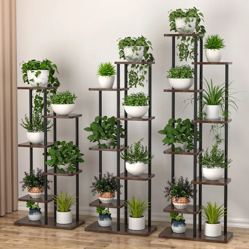 Indoor Iron Flower Stand Floor Standing Multi Layer Plant Rack Balcony Tall Metal Wood Shelf Plant Stand Plantenplanken Shelf