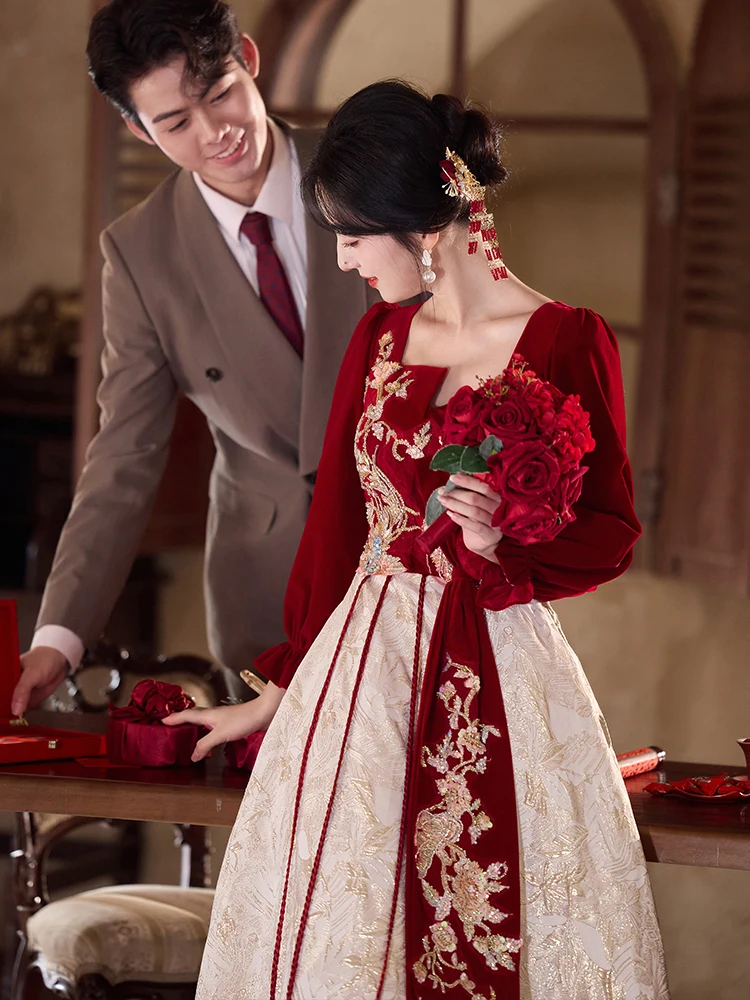 

Новое китайское свадебное платье с длинными рукавами, больших размеров, с эффектом похудения, с завышенной талией, рукавами-фонариками, на молнии, для невесты