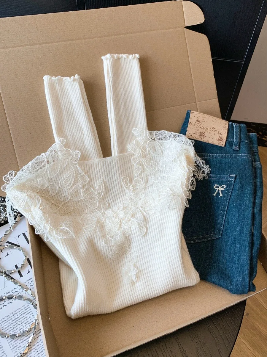 레이스 스플라이스 롱 니트 스웨터 여성용 겨울 신상 슬레 슈퍼 아름다운 이너웨어 스퀘어 칼라 베이스 셔츠