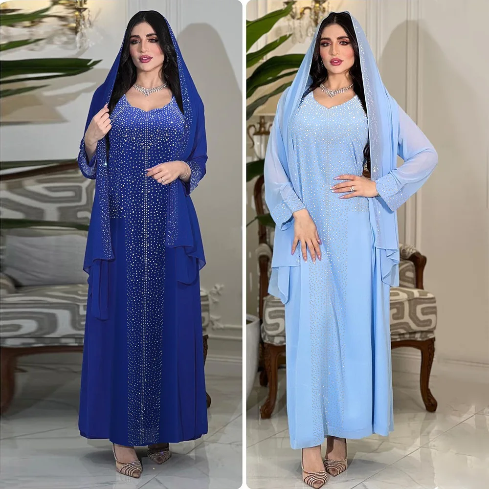 

Morocco Kaftan Muslim Women Diamonds Maxi Party Dress Dubai Turkey Abaya Femme Musulman Vestidos Lounge Caftan Jalabiya Ramadan