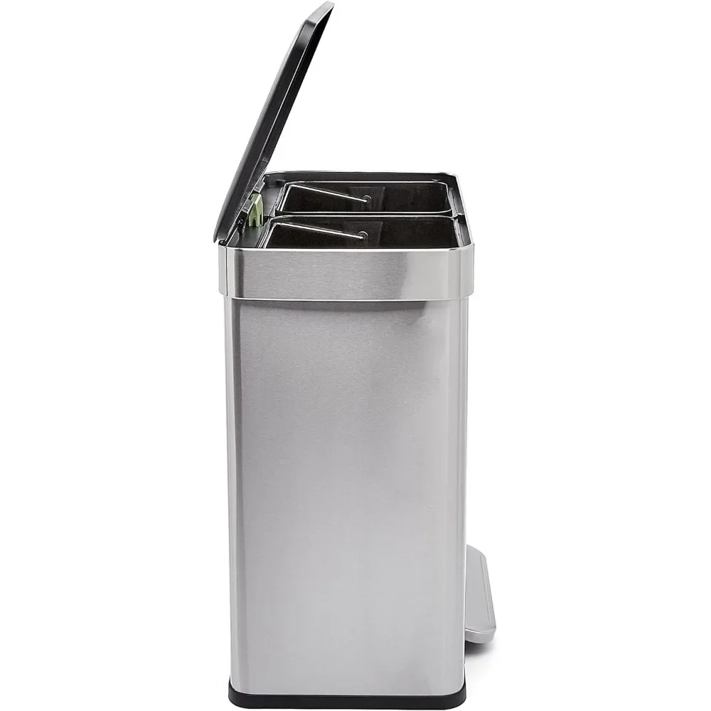 Rectangular Recycling Trash Can with 2 Compartments, Grey,Silver, 60 Liters，22.8 x 14.2 x 23.7 inches