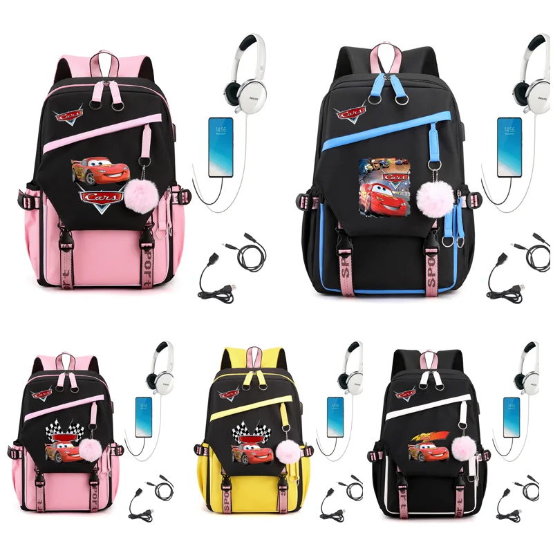 MINISO  Pixar Cars Lightning USB Charging Schoolbag Male and Female Student Laptop Backpack Large Capacity School Bag Mochila