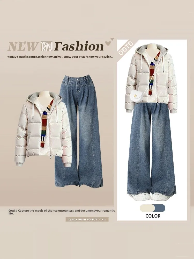 

Korean Style Winter Cotton Jacket Women's Knitted Hat Coat Denim Three-Piece Set Long Sleeve High Waist Wide Leg Jeans