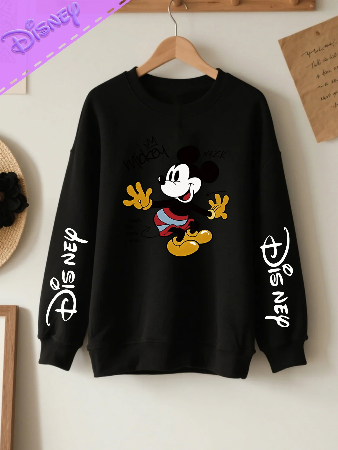 Sweat-shirt imprimé Disney Mickey Mouse, col rond à manches courtes, style vacances décontracté pour femmes, nouveaux vêtements pour femmes printemps/été