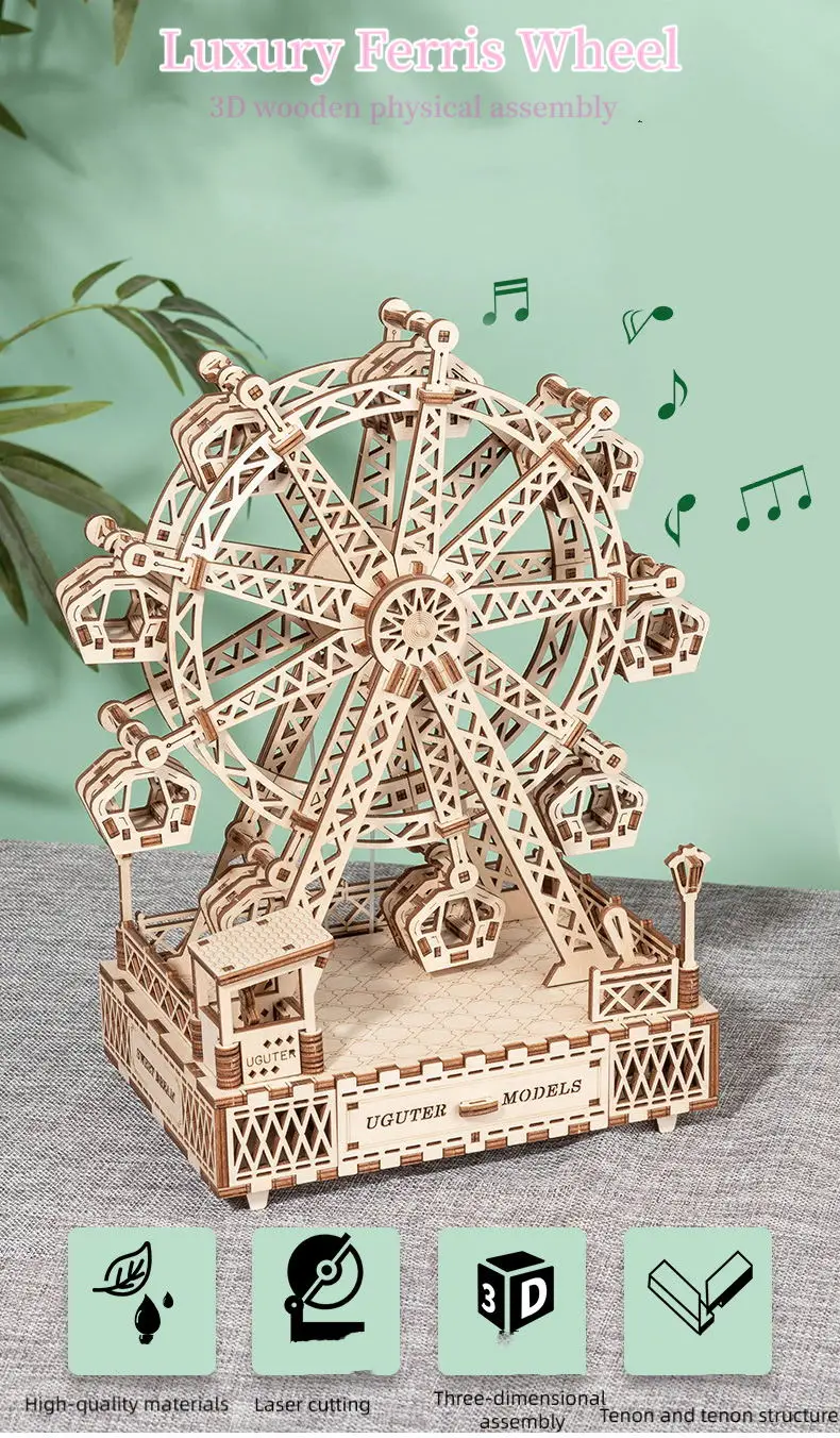 

DIY Wooden Music Box with Rotatable Ferris Wheel Figurine - Assembly Model Kit Wood Craft Toy Wooden Constructor Building Block