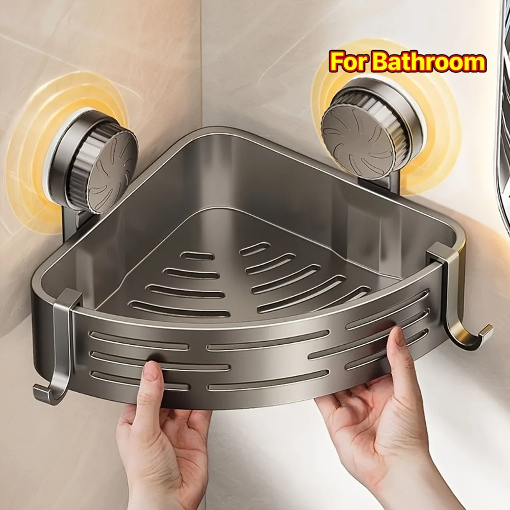 رف حمام موفر للمساحة بدون حفر، رف مثلث مع خطافات يستخدم لمنظم تخزين مرحاض الاستحمام