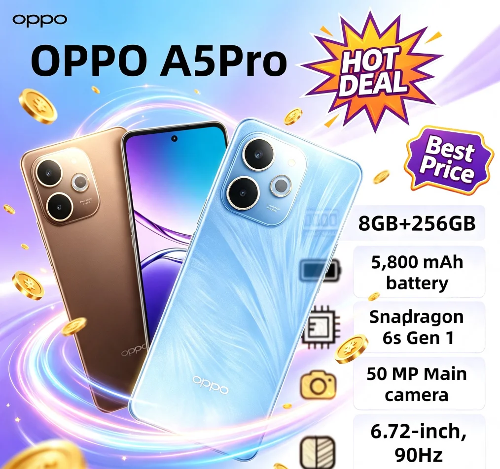 Latest 2026 OPPO A5Pro 8GB+256GB Dual SIM Smartphone 6.5' HD+ Waterdrop Screen Helio P35 Chip 4000mAh Battery Unlocked Cell