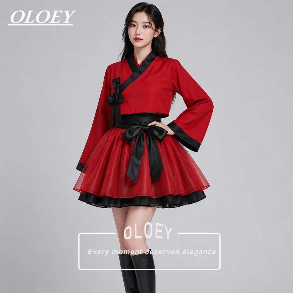 OLOEY Modern Contrast Color Short Concert Hanbok V Neck Korean Photo Shoot Performance Dress Customized 2 PCS Jacket Mini Dress