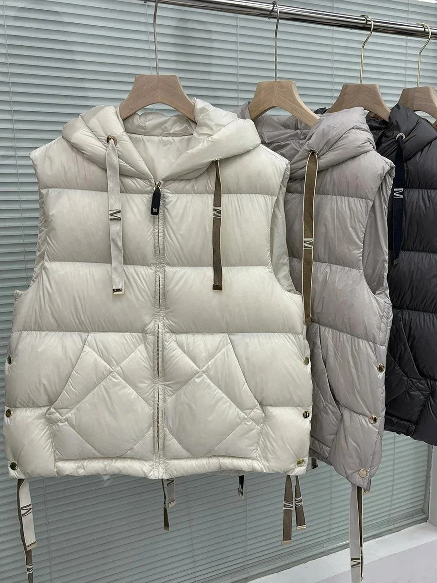 

Autumn Winter Top New Women Simple Solid Color Fashionable White Duck Down Vest with Hood Casual Sleeveless Jacket