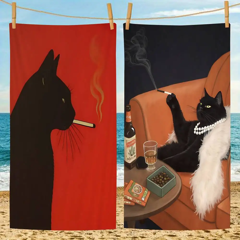 Black Cat Smoking A Cigarette Vintage Microfiber Beach Towel Absorbent Quick Dry Yoga Swimming Resort Mountain Climbing Towel