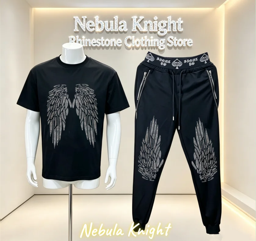 Men's Rhinestone Streetwear Tracksuit with Designer Stitching Long Sleeve Top And Elastic Waist Jogger Pants Set