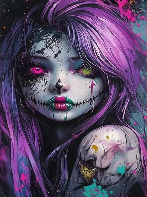 Halloween Sugar Skull Purple Hair Girl Portrait 5D DIY Full Drill Diamond Painting Kit Cross Stitch Handmade Art Home Wall Decor