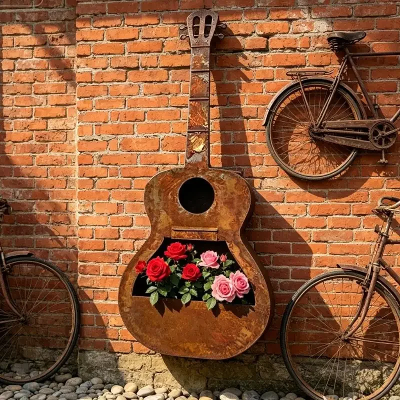 Hanging Wall Planter Pot Wall Mounted Guitar Flower Pot, Metal Hanging Wall Pocket for Garden Fence Display, Front Open Y5GB