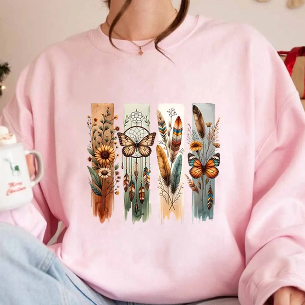 Sudadera bohemia con flores y mariposas, sudadera con capucha con atrapasueños de flores silvestres, camisa Floral de plumas bohemias, sudaderas con cuello redondo de moda occidental