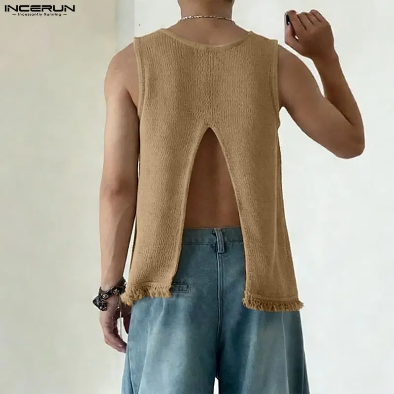 INCERUN Men Tank Tops Solid Color Tassel Backless Hollow Out Male Vests Summer Sleeveless 2026 Fashion Men Clothes Tops For Man