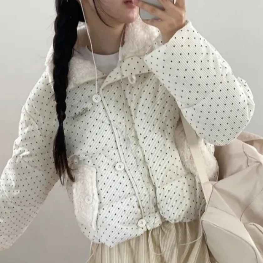 

Шикарное осенне-зимнее вельветовое пальто в горошек с свободным меховым воротником, корейское хлопковое пальто прямого кроя для женщин