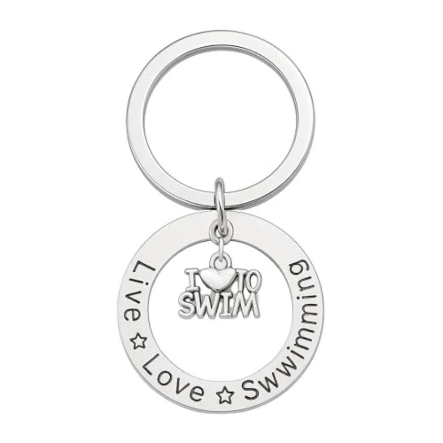 

SportyBella Swim Keychain Live Love Swim Silver Swimmer Charm Key Ring Gift for Swimmers, Coaches, Teams
