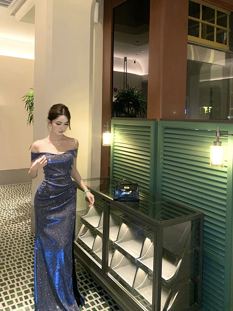 Französisches Mode-Kleid in Blau, Sexy Schulterfreies Kleid mit Schlitz, Kurzärmeliges Plissiertes Kleid, Damen Geburtstagsparty Abendkleid Langes Kleid – Detail 9