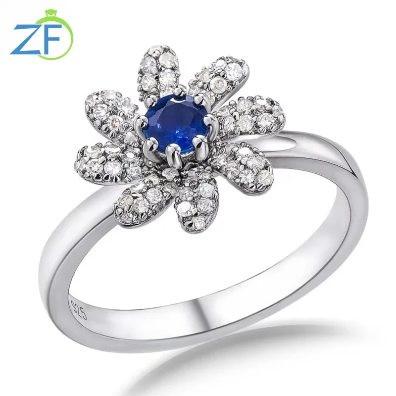 

GZ ZONGFA Natural 0.6ct Sapphire Diamond Genuine 925 Sterling Silver Sun Flower Rings for Women Luxury Wedding Fine Jewelry