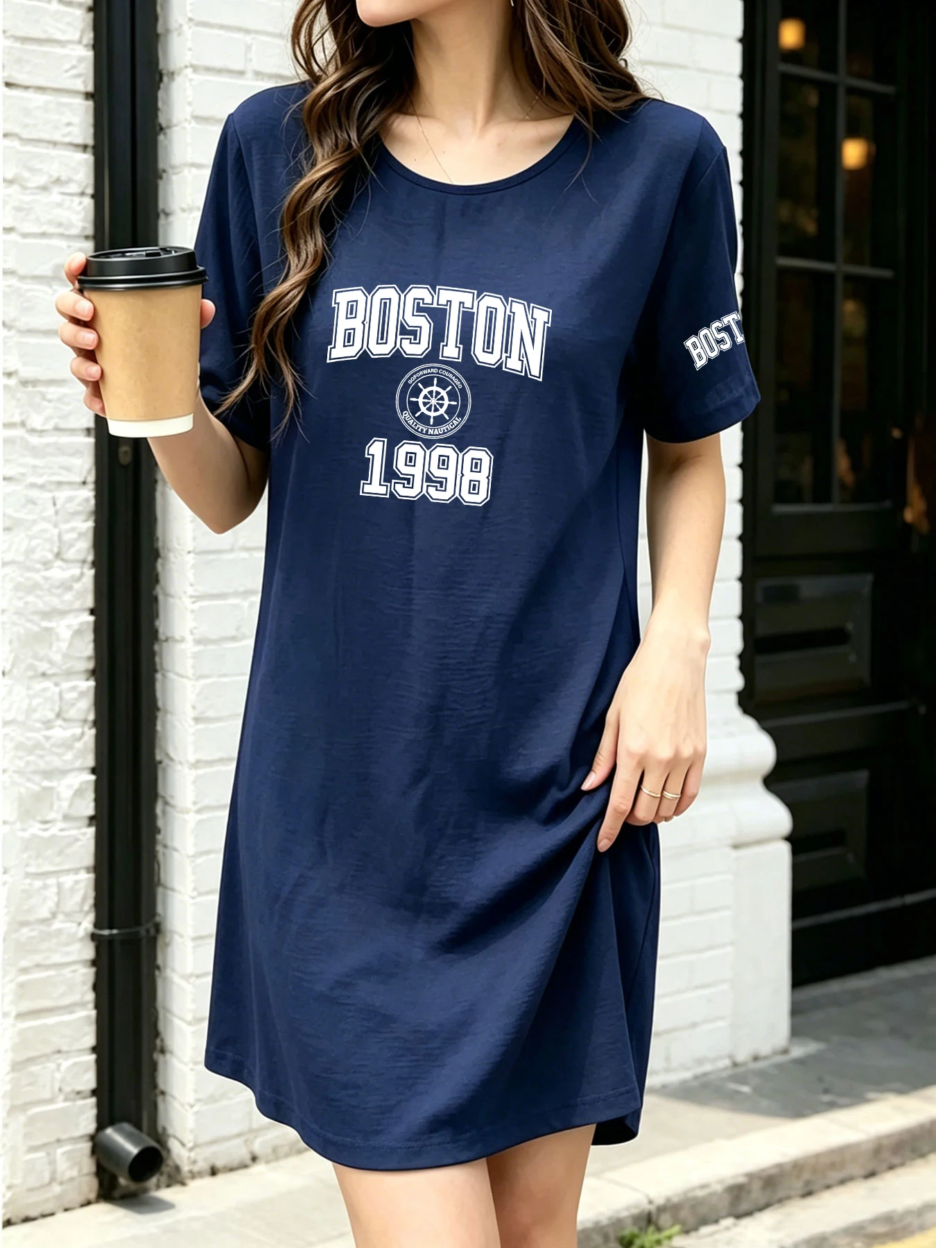 

Summer Thin Breathable Simple T-Shirt Dress Boston 1998 Printed Loose Mid-Length Dress in a Relaxed Style