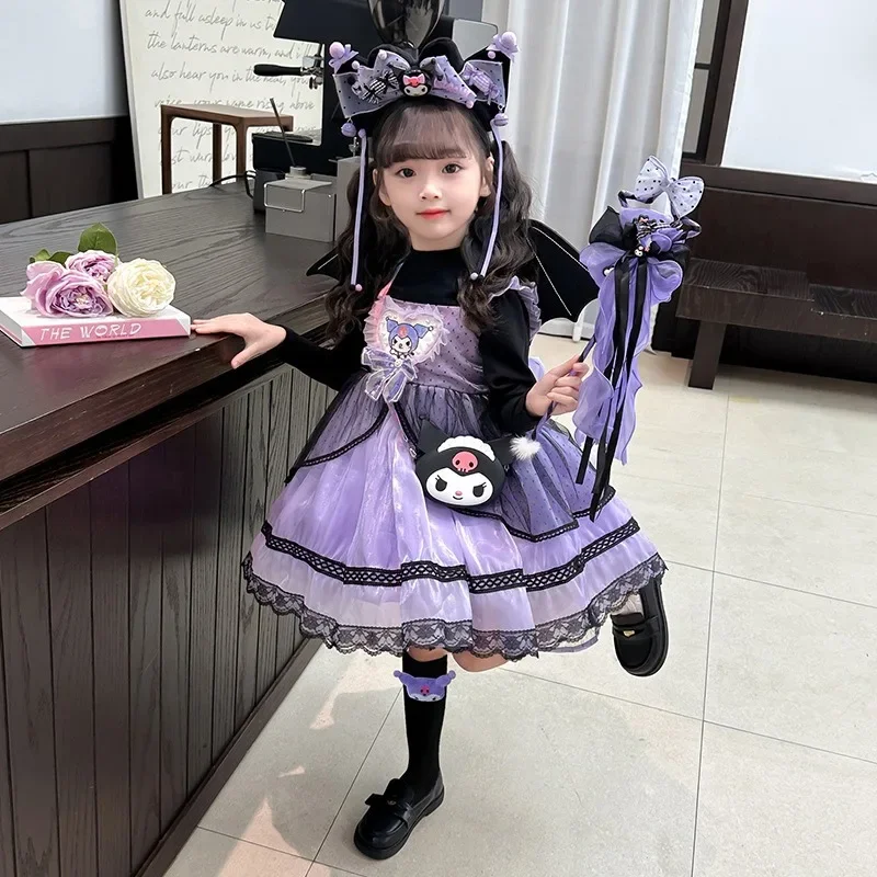 Sanrio Kuromi Halloween Princess Dress Lolita Spring Autumn Children's Anime Cosplay Costume Dresses Puffy Skirt Girl Dress Gift