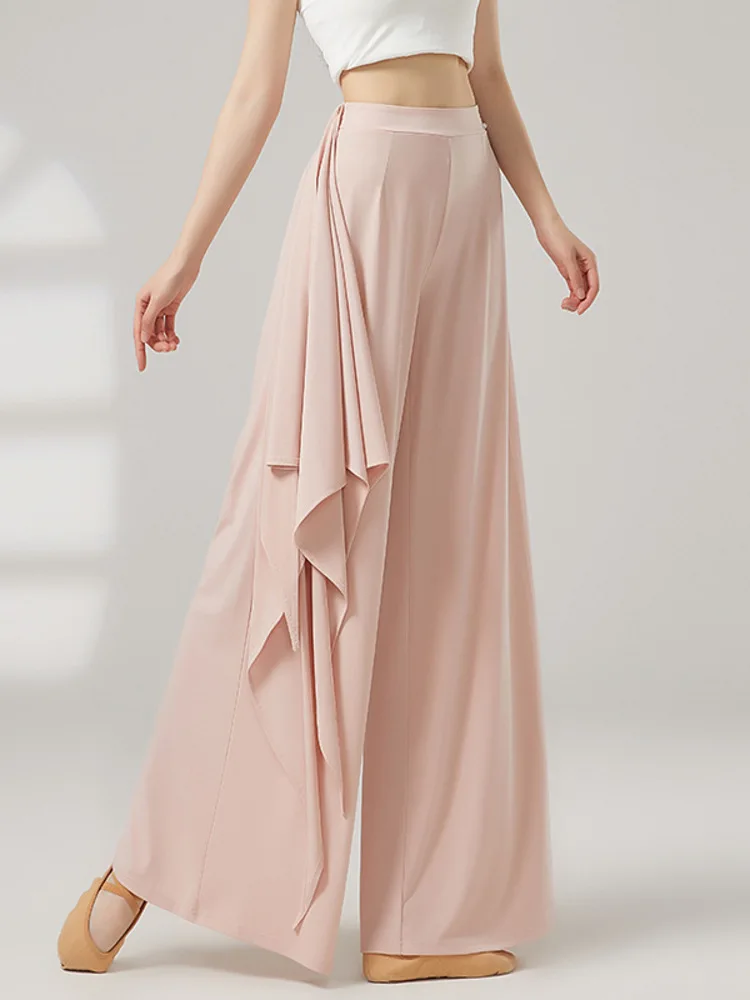 سراويل رقص باليه فضفاضة عالية الخصر للسيدات، سراويل واسعة الساق بلون سادة ذات طبقات من قطعتين لأداء التدريب