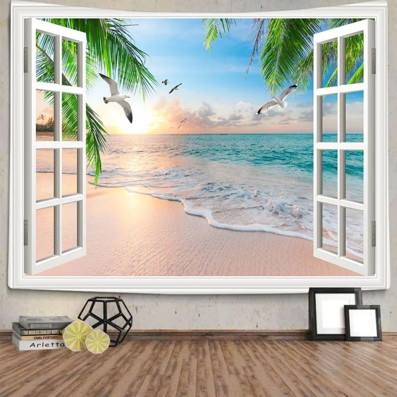 Xiaoput Wandteppich mit Naturlandschaft, gemütliche Szenerie außerhalb des Fensters, tropische Palme, Strand, Seemöwe, Sonnenuntergang, Wandbehang