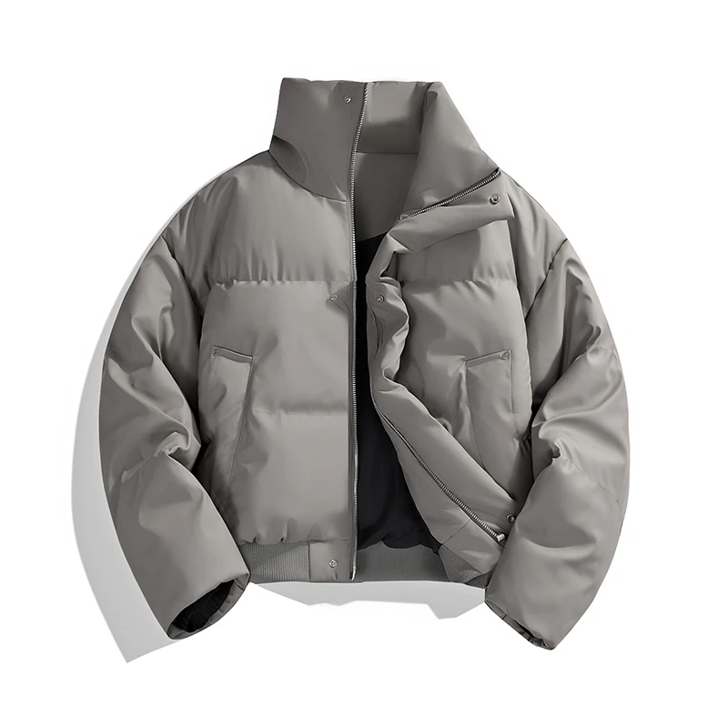 

PU Leather Cotton Parkas Men's Winter American High Street Trendy Brand Jacket Short Style Stand Up Collar Loose Bread Jacket