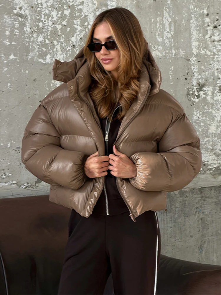Solid Stand Collar Women's Cotton Jacket Full Sleeve Glossy Zipper Loose High Street Fashion Female Casual Coat 2026 Winter