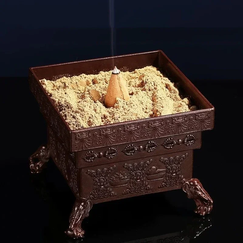 Sanskrit Tibetan Incense Burner Box Incense Pile Quadrate Copper, Altars Decoration, Meditation Temples, Aromatherapy Stove
