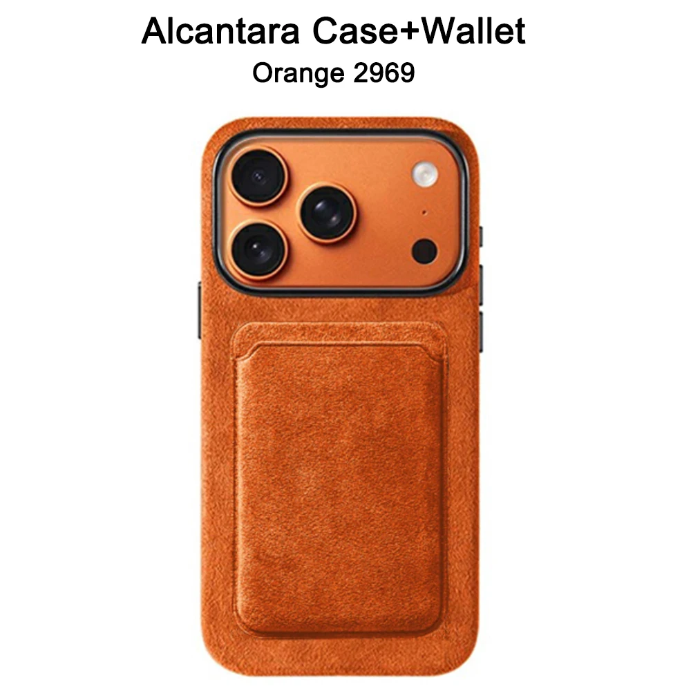 Italiaans Alcantara hoesje voor iPhone 17 Pro Max 17 Pro met MagSafe portemonnee cameraknop magnetische hoes oranje blauwe beschermhoes