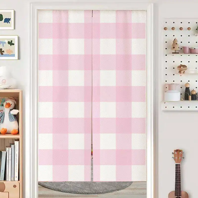 Pink Striped Checkered Noren Door Curtain - Girly Aesthetic Art Bedroom Dormitory Half Length Privacy Drape