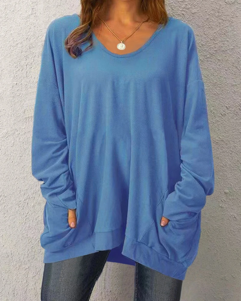 الصلبة اللون جولة الرقبة فضفاضة عارضة طويلة الأكمام جيب الأعلى