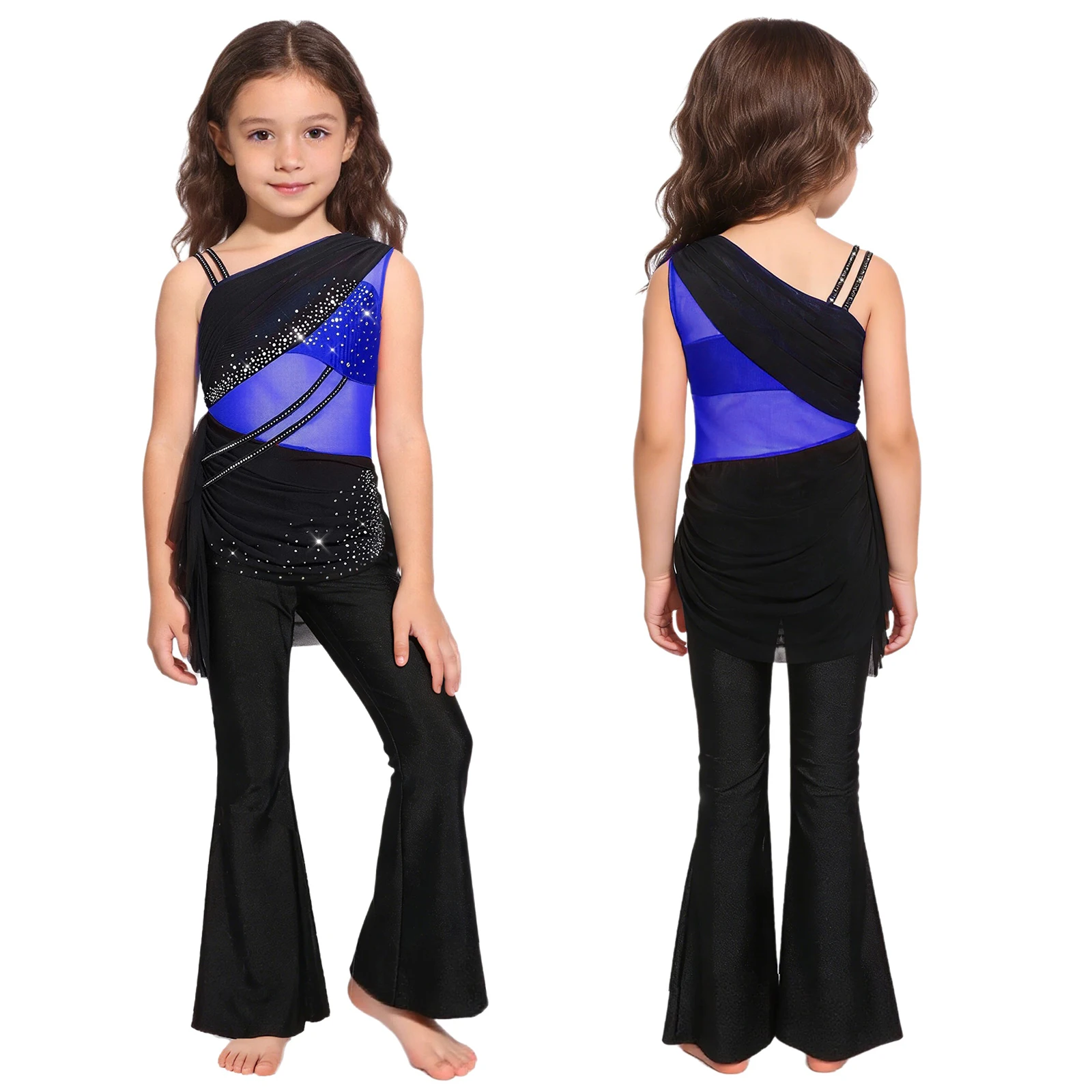 Kid Girls Feather Ballet Gymnastics Leotard Color Block Figure Skating Bodysuit Lyrical Dance Mesh Glittery Rhinestones Jumpsuit view 2