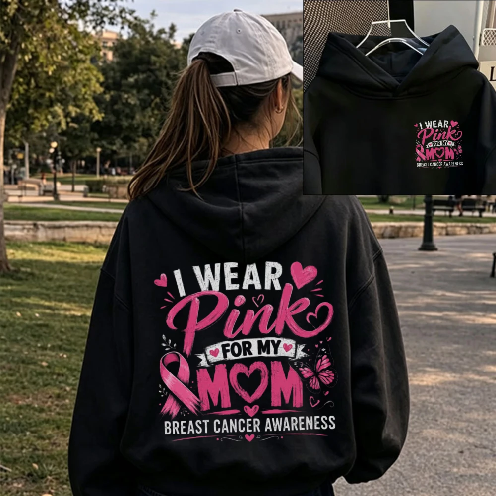 Pink Ribbon Oversized Sweatshirt for Women Breast Cancer Awareness Gift Mom Butterfly Heart Hoodie Support Warrior Pullover